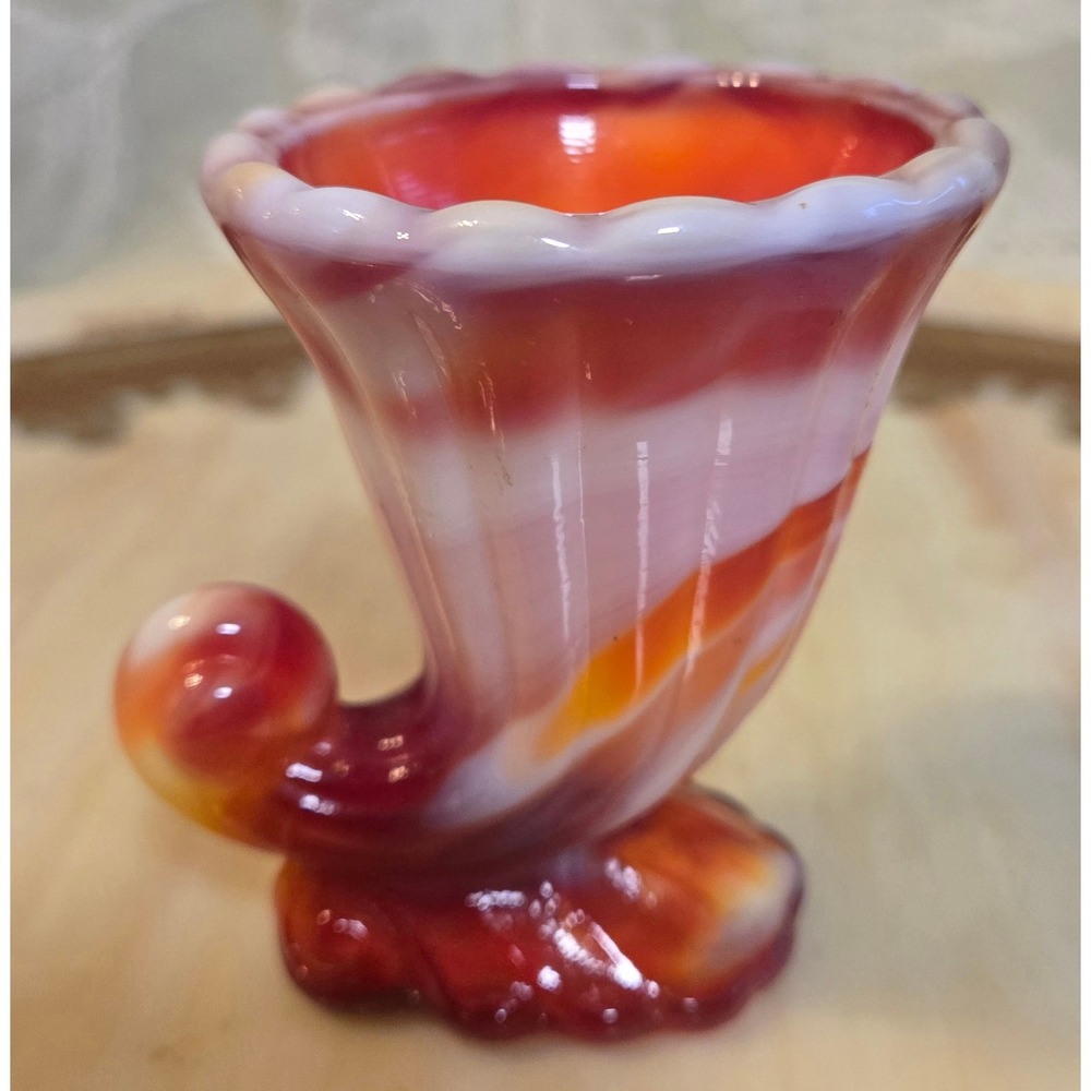 Vintage Slag Glass Cornucopia Vase Orange Red White Swirl Toothpick Holder 3.25"